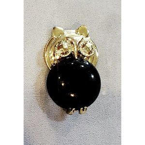 Estate Owl Bird Black Cabochon Jelly Belly Gold Tone Brooch Pin